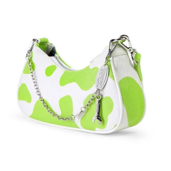 Von Dutch Vegan Pony Hair Lime Green Cow Shoulder Hand Bag with Purple Logo - Picture 4 of 14